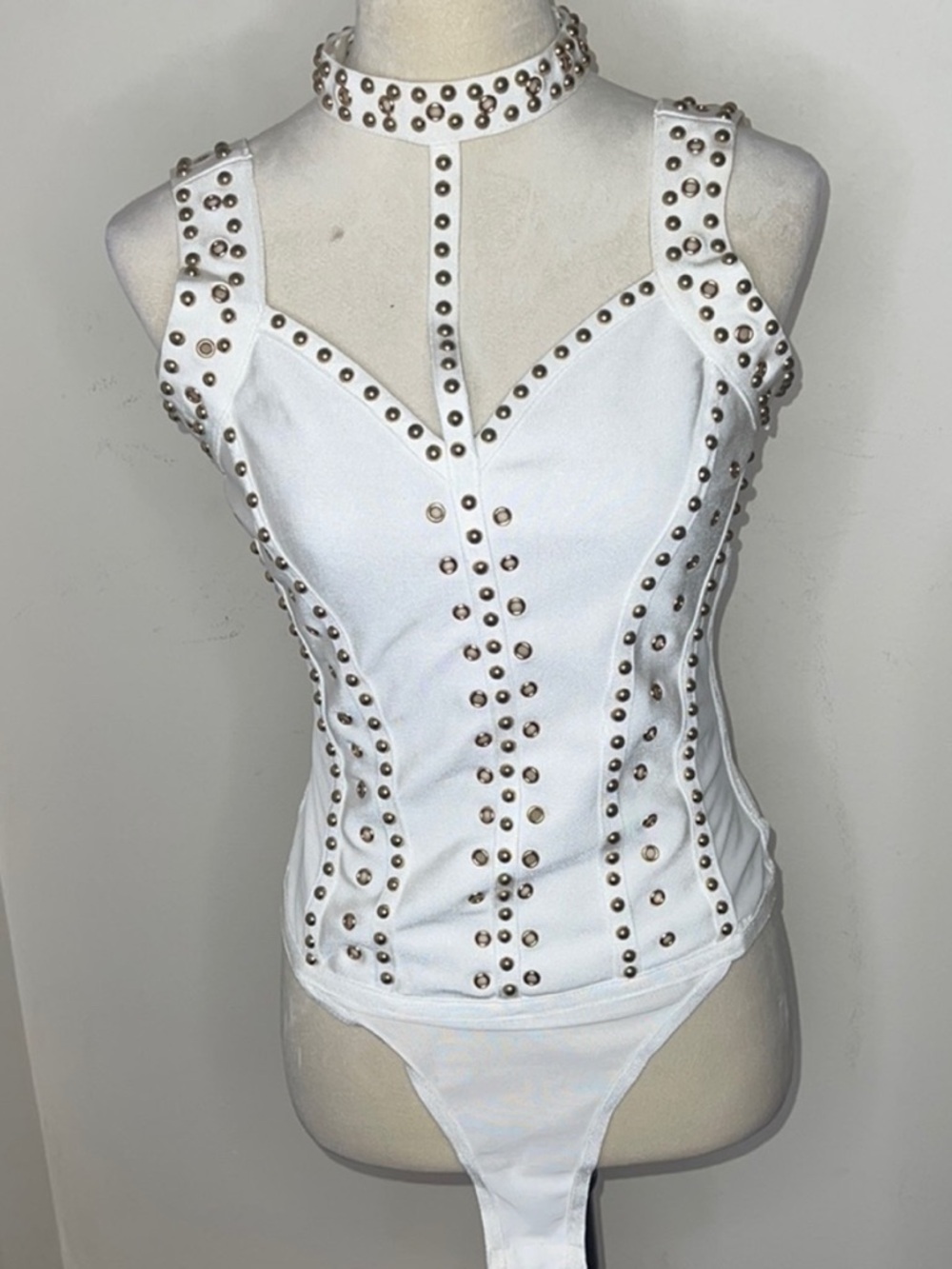 WOW couture White Studded Corset Bodysuit with Choker